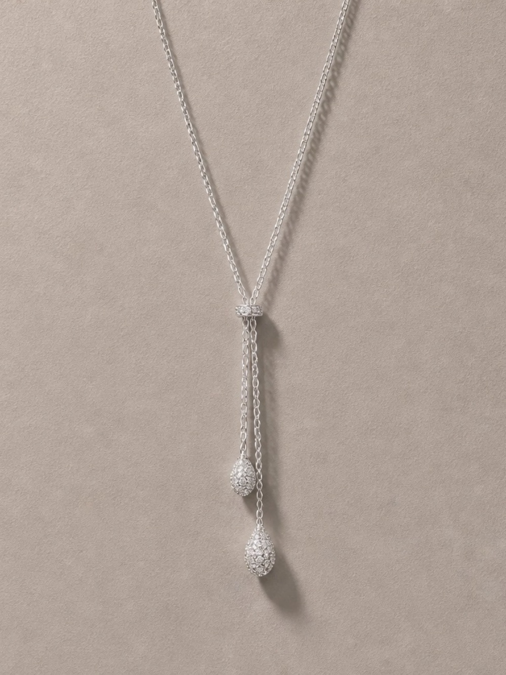 Sterling Silver Lariat Drop Necklace with Pave Teardrops